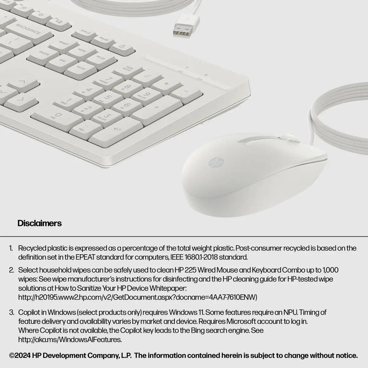 225 Maus und Tastatur (kabelgebunden), Volle Größe (100%), Kabelgebunden, USB, Weiß, Maus enthalten