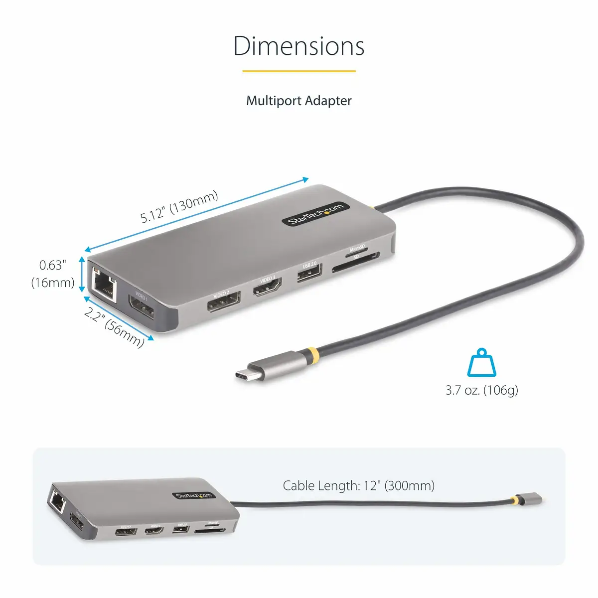 StarTech Drei Monitor USB-C Multiport Adapter, 2x 4K 60Hz + 4K 30Hz HDMI & DP, 4x USB-A Hub, 100W PD, GbE, Laptop Dockingstation