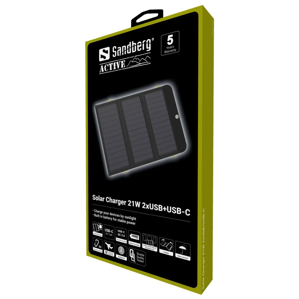 Solar-Powerbank Li-Pol 10000 mAh 21 Watt 3A (2 x USB, 24 pin USB-C) auf Kabel: Micro-USB