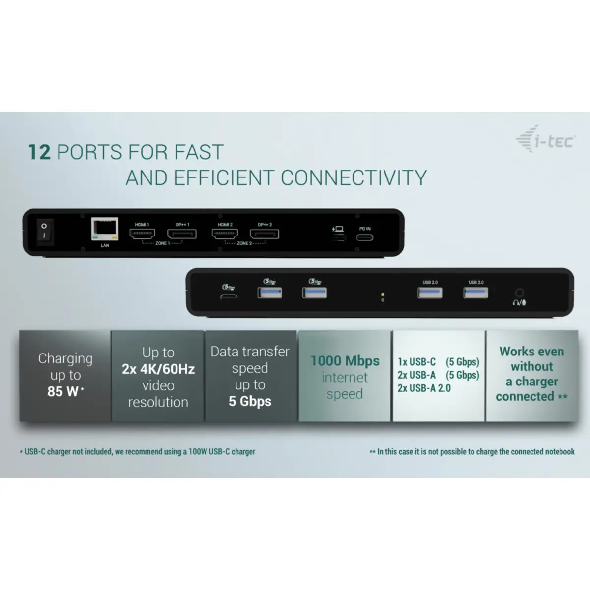 i-tec Universal Dual 4K Display Docking Station, PD 85W + i-tec USB-C Charger 100W