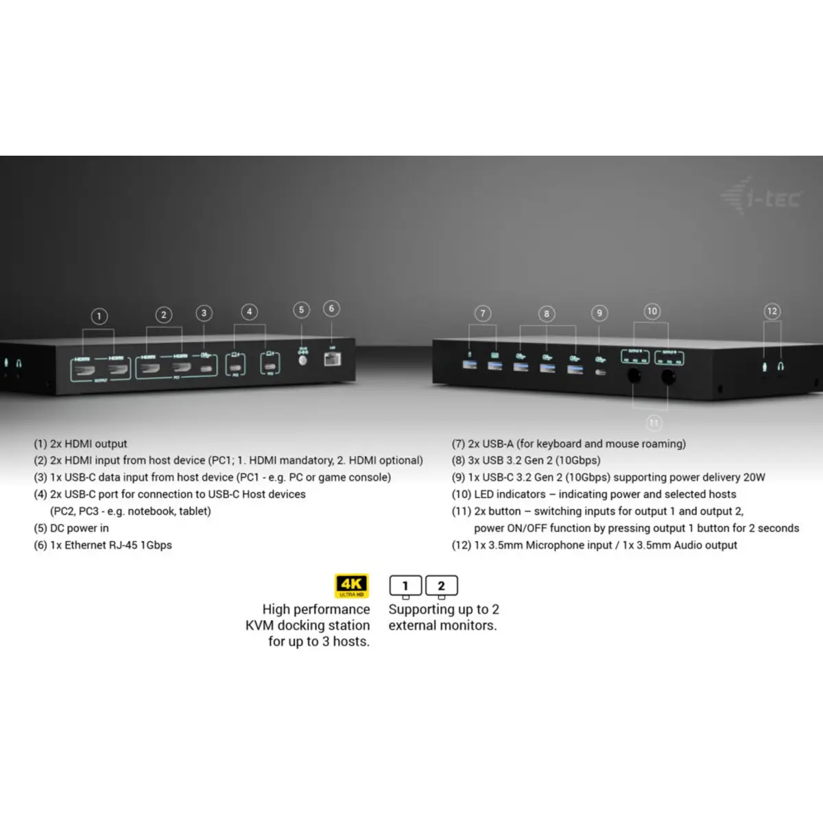 i-tec USB-C KVM Docking station for 3 Hosts, Dual Display, Power Delivery 1x 92W/2x 65W