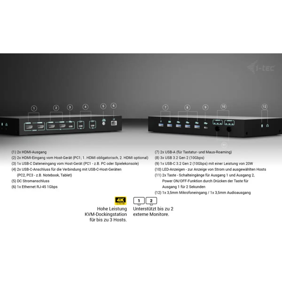 i-tec USB-C KVM Docking station for 3 Hosts, Dual Display, Power Delivery 1x 92W/2x 65W