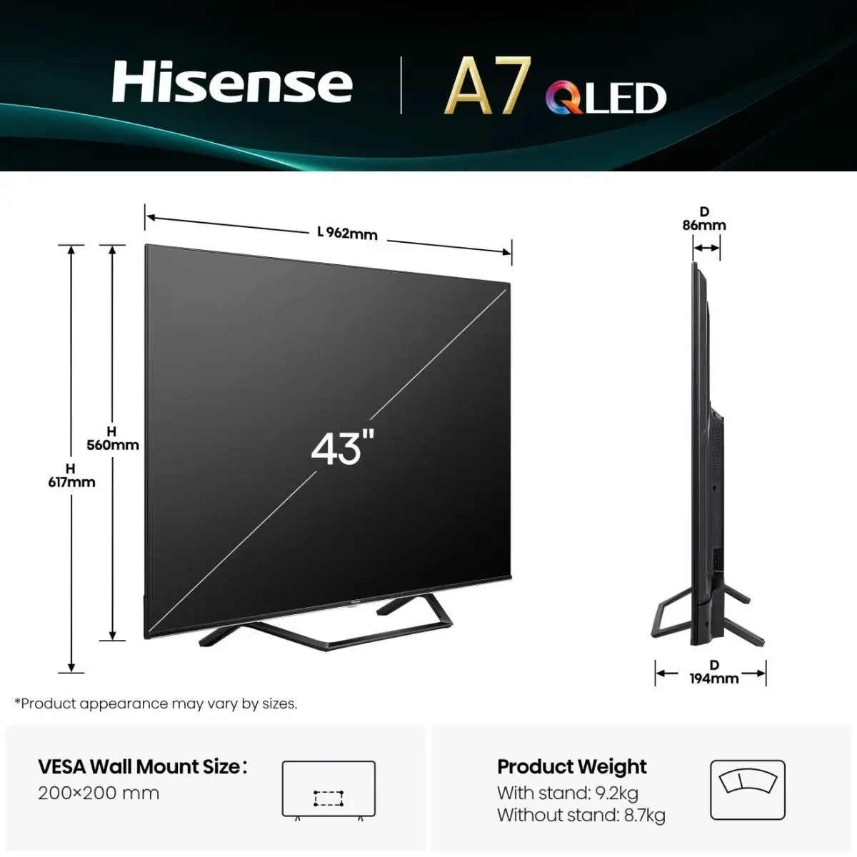 TV 43A7Q 43", QLED 4K, 60Hz, 300 Nits