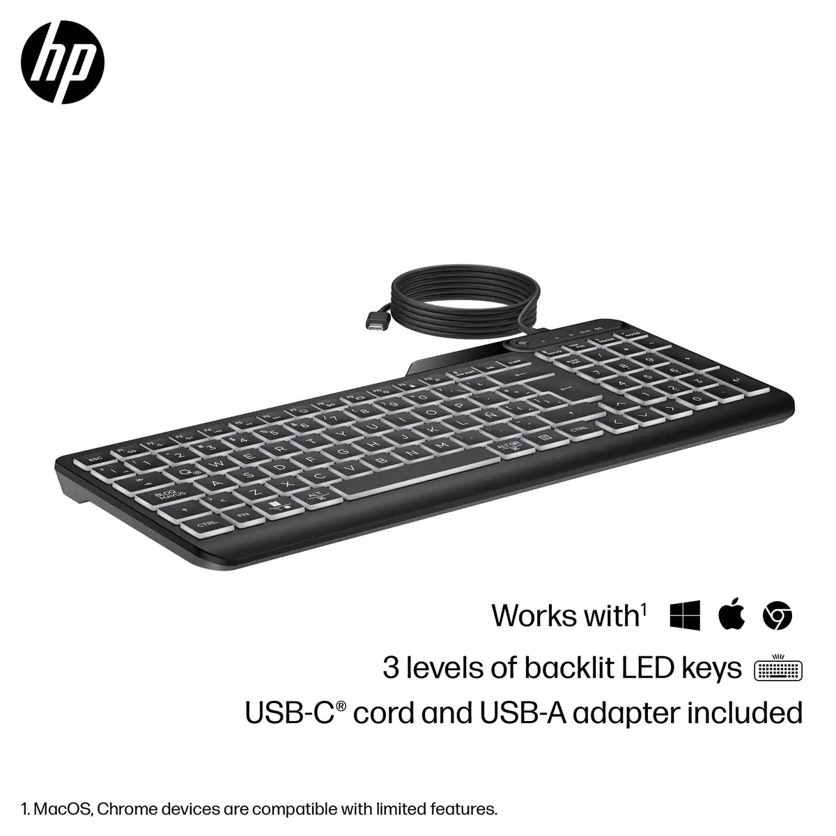 405 Tastatur mit Hintergrundbeleuchtung für mehrere Geräte, Volle Größe (100%), Kabelgebunden, USB, Membran Key Switch, Schwarz
