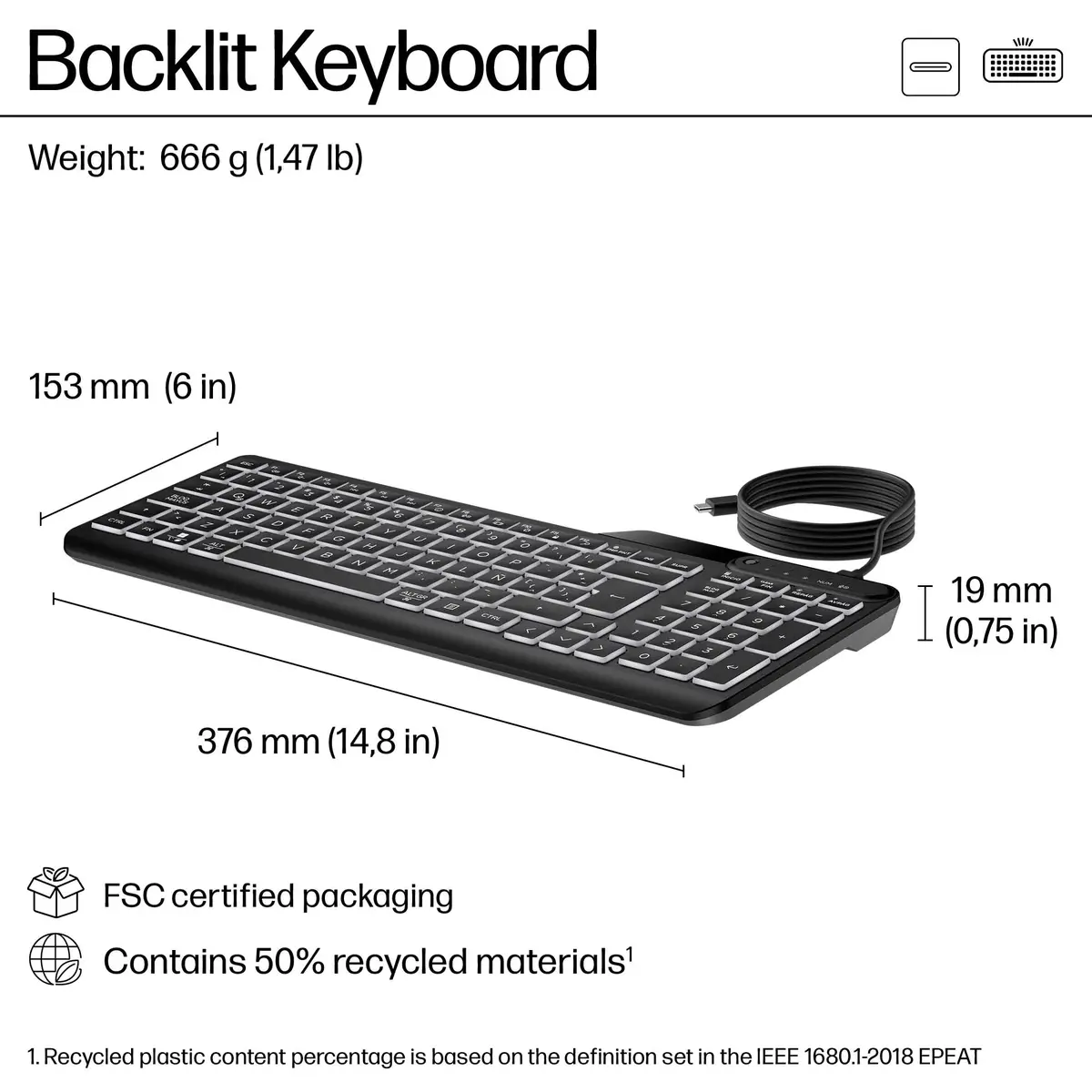 405 Tastatur mit Hintergrundbeleuchtung für mehrere Geräte, Volle Größe (100%), Kabelgebunden, USB, Membran Key Switch, Schwarz
