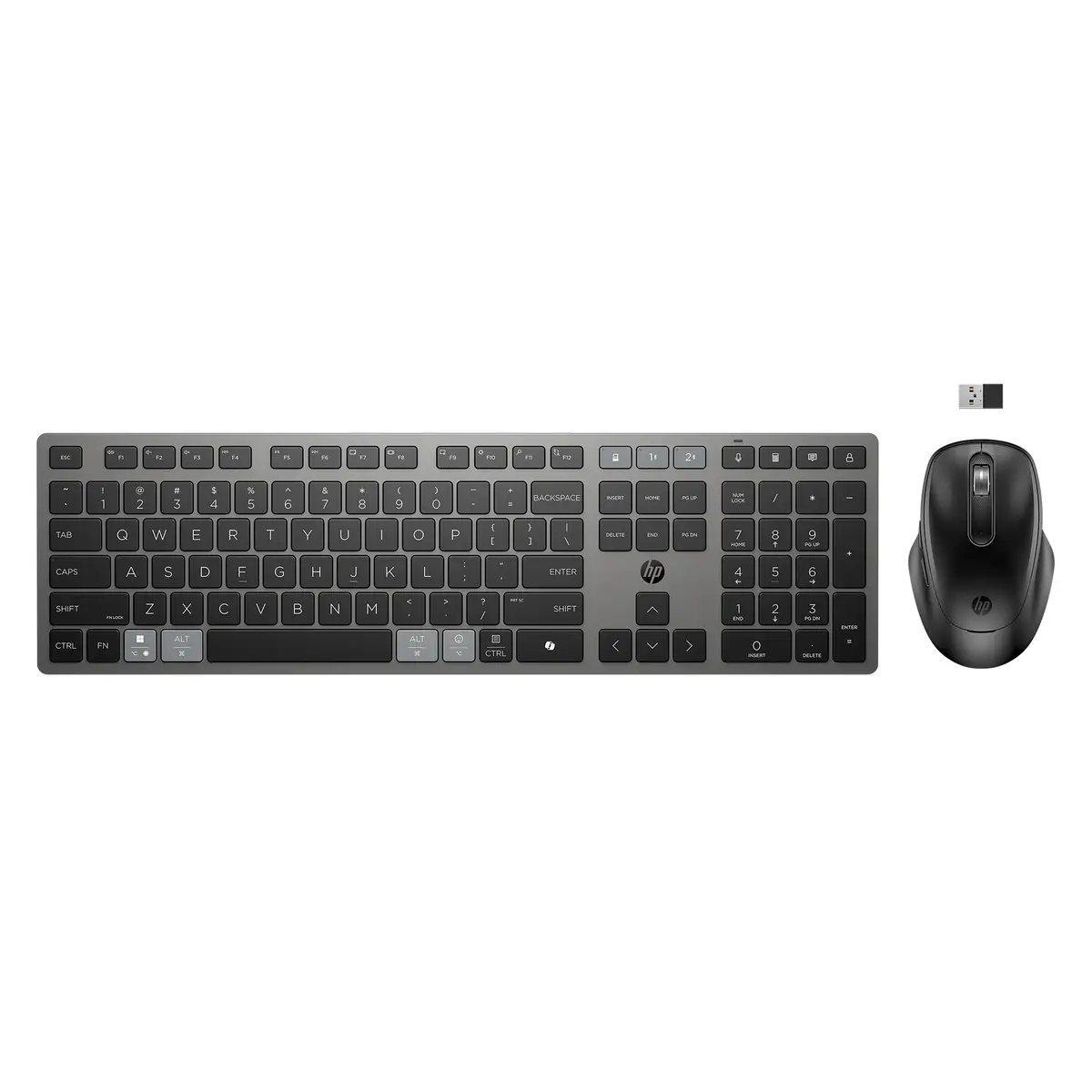 725 Kombo mit wiederaufladbarer kabelloser Tastatur und Maus für mehrere Geräte, Volle Größe (100%), Kabellos, RF Wireless + Bluetooth, Scherenschalter, Schwarz, Maus enthalten
