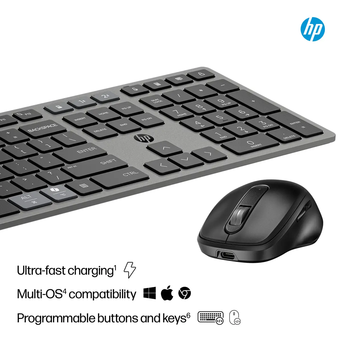 725 Kombo mit wiederaufladbarer kabelloser Tastatur und Maus für mehrere Geräte, Volle Größe (100%), Kabellos, RF Wireless + Bluetooth, Scherenschalter, Schwarz, Maus enthalten