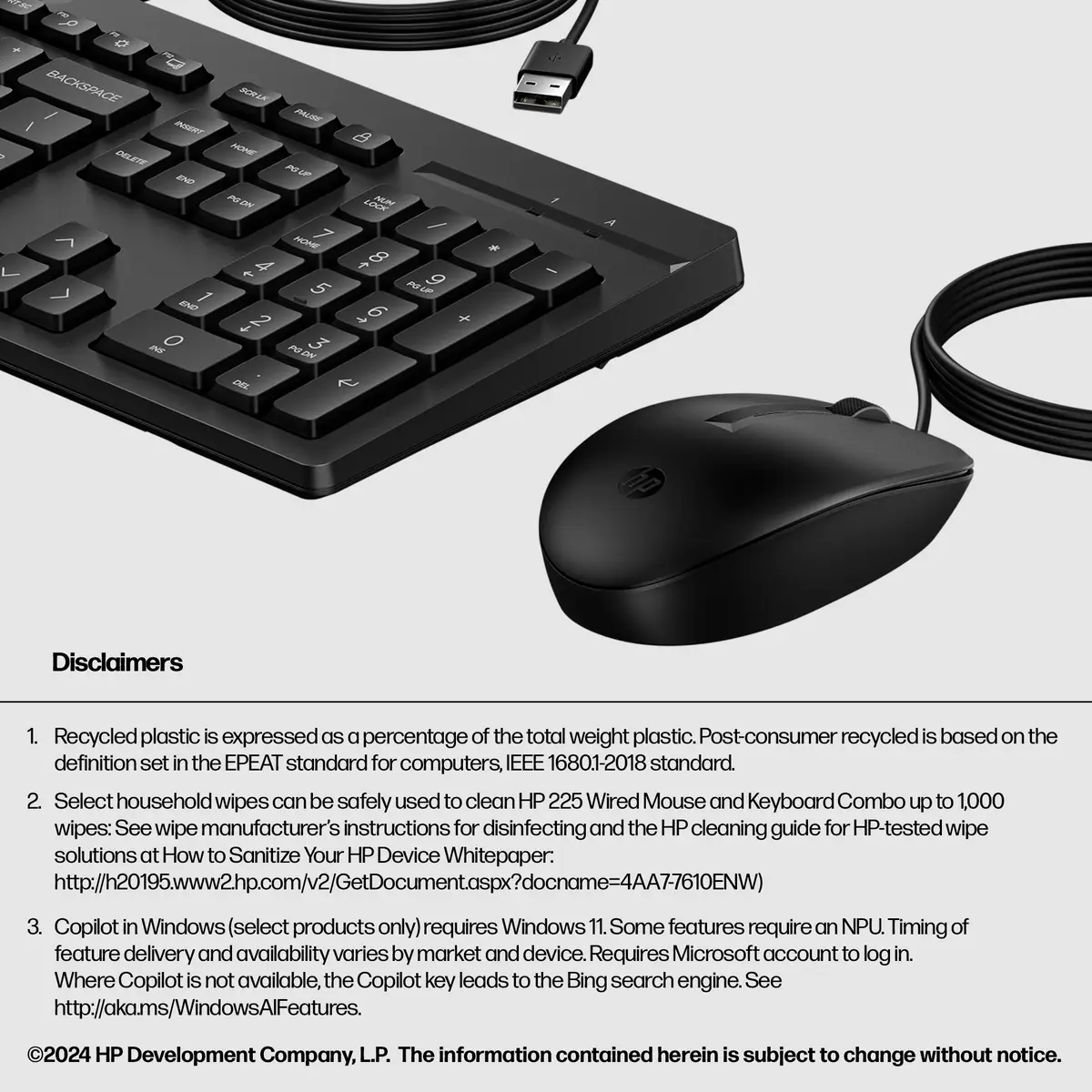 225 Maus und Tastatur (kabelgebunden), Volle Größe (100%), Kabelgebunden, USB, Schwarz, Maus enthalten