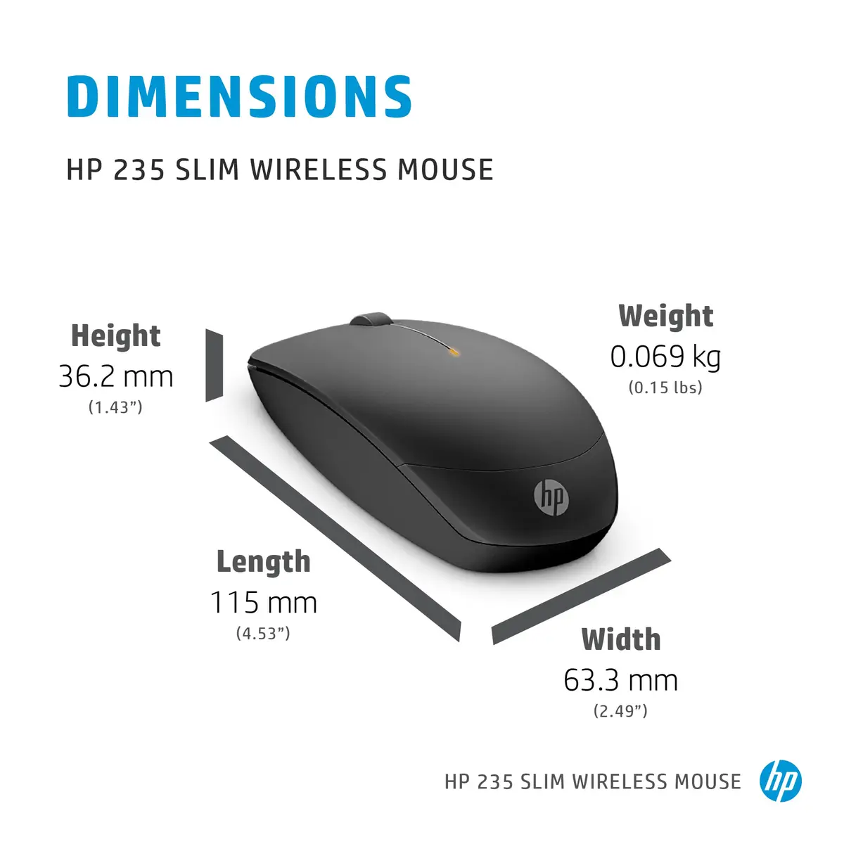 HP 235 Slim Maus optisch 3 Tasten kabellos 2.4 GHz kabelloser Empfänger (USB), Schwarz