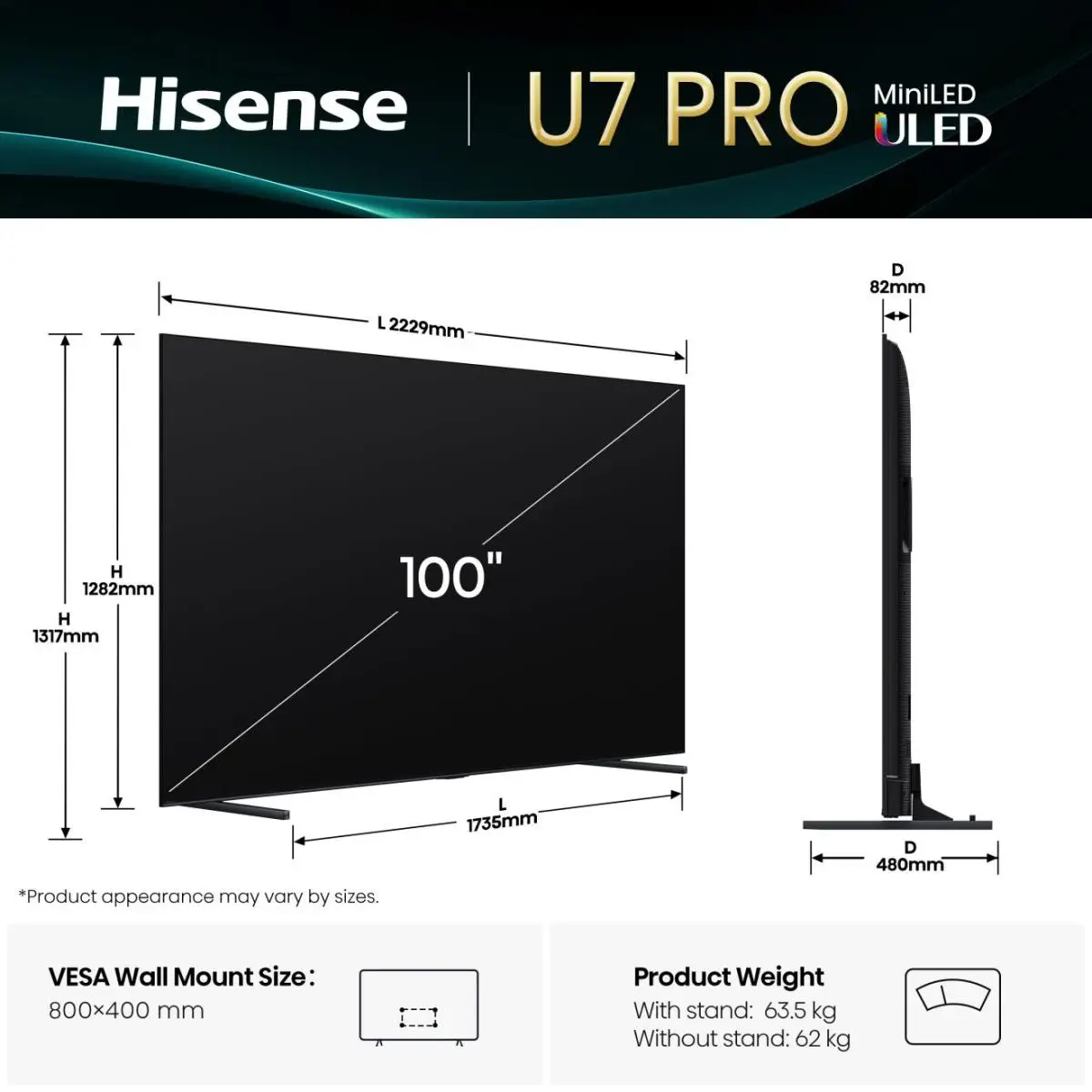 100U7Q PRO ULED Smart TV 100" 253cm 4K Ultra HD 3840x2160 165Hz 178 ° 16:9 5000:1 6 ms Schwarz/Dunkelgrau