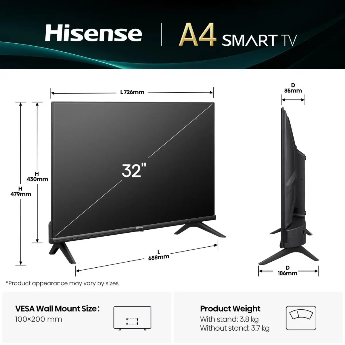 32A4Q HD Smart TV 32" 80cm 1366x768 178 ° 16:9 3000:1 8,5 ms Matt-Schwarz
