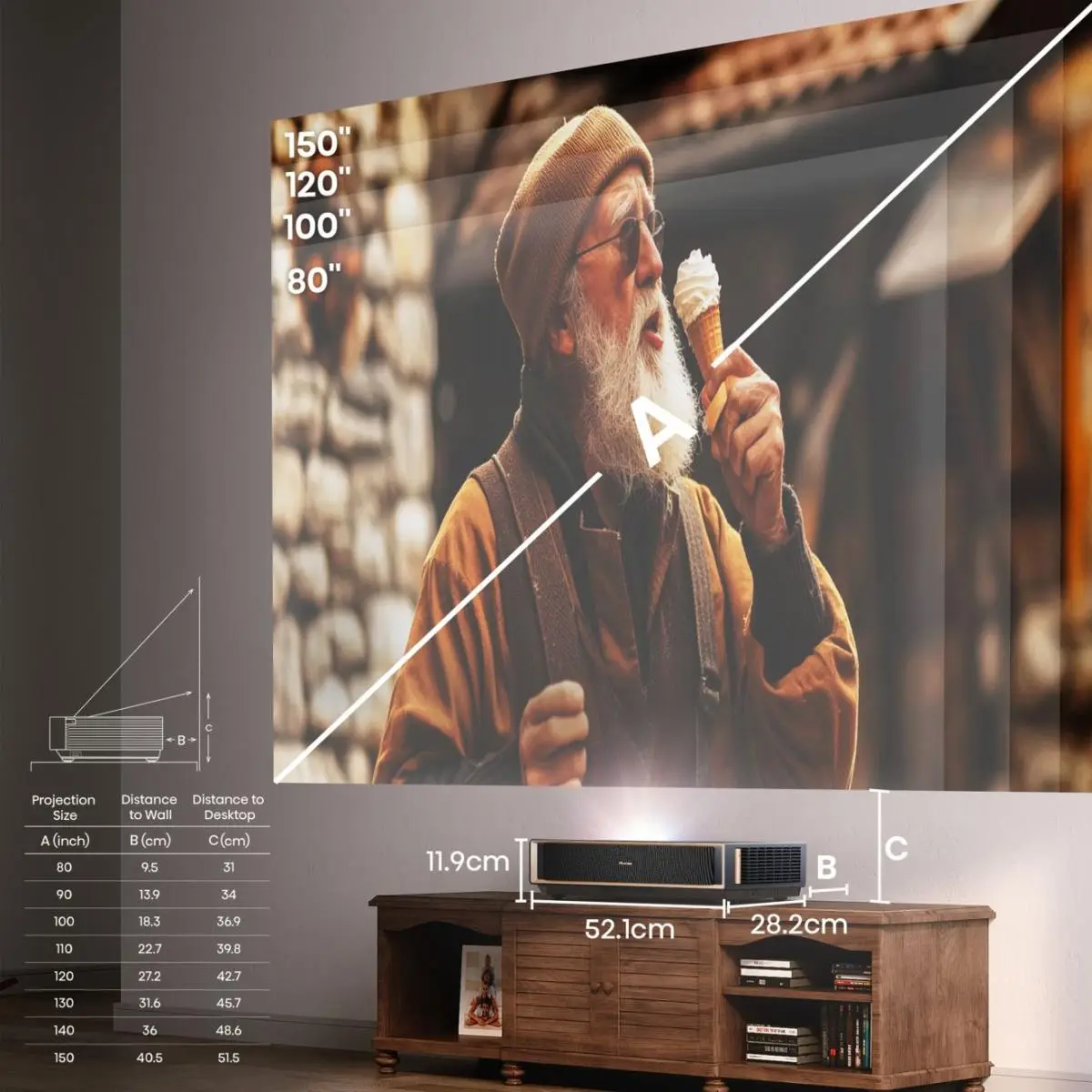 4K Smart Laser Cinema PT1 80"-120"4K Ultra HD 3840x2160 60 Hz 16:9 3000:1 ≤ 30 ms