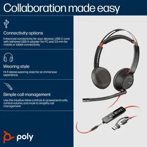 Poly Blackwire 5220 USB-C Headset +3.5mmP +USB-C/A Poly Blackwire 5220 USB-C Headset +3.5mmP +USB-C/A